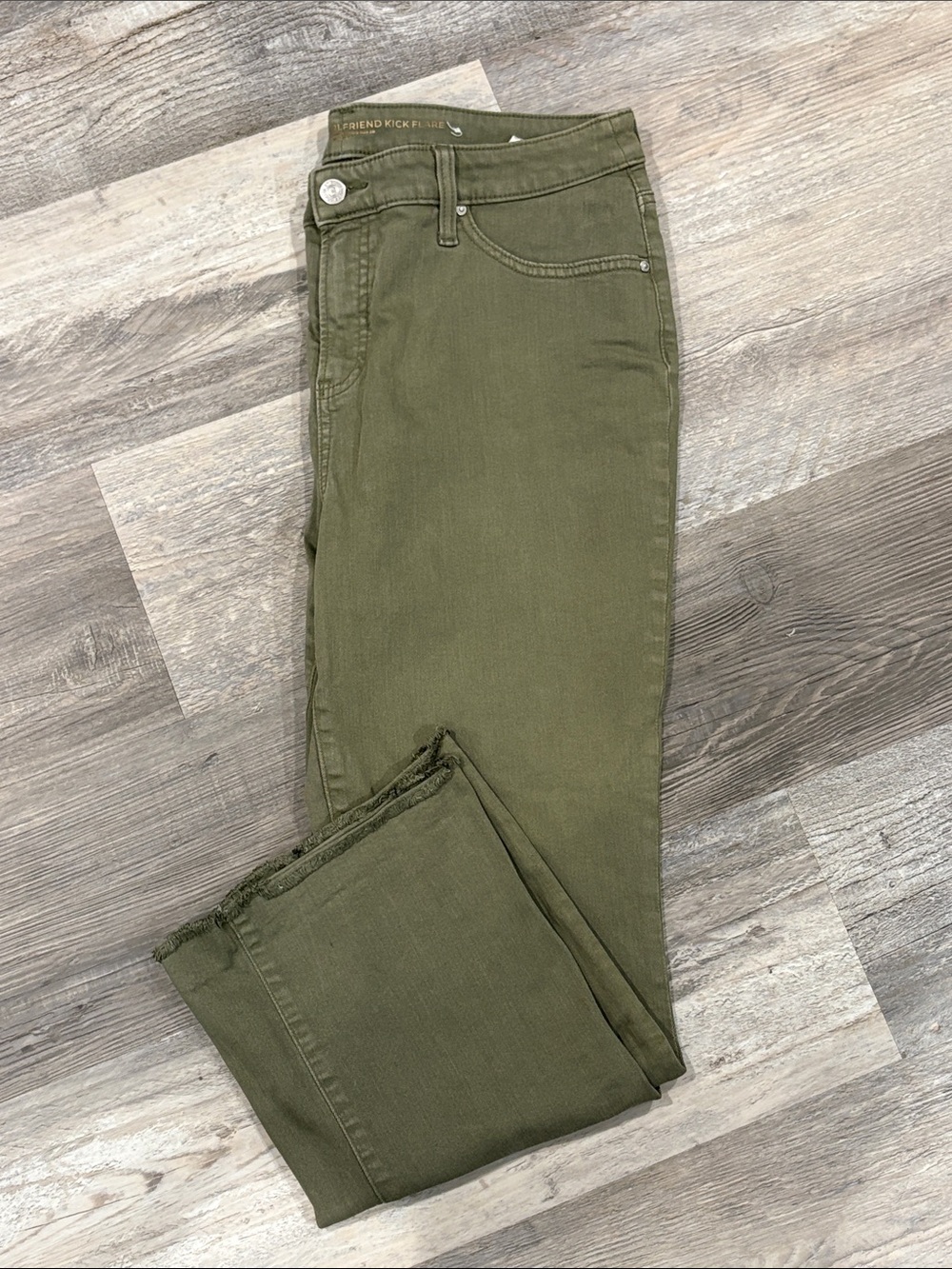 Chico's So Slimming Girlfriend Kick Flare Jeans in a khaki/olive green - Picture 3 of 11